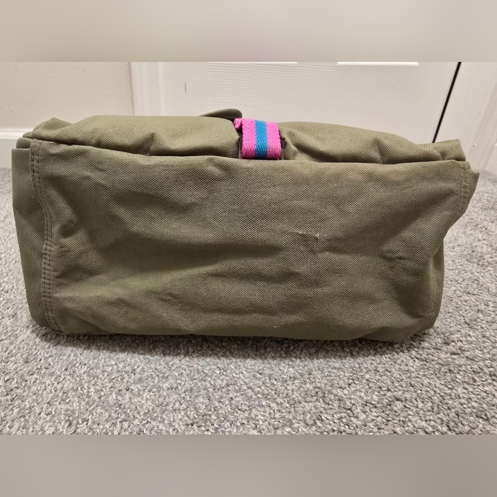 Ralph Lauren Messenger Bag Army Green Canvas Pink Stripes Travel Vacation - Picture 9 of 13